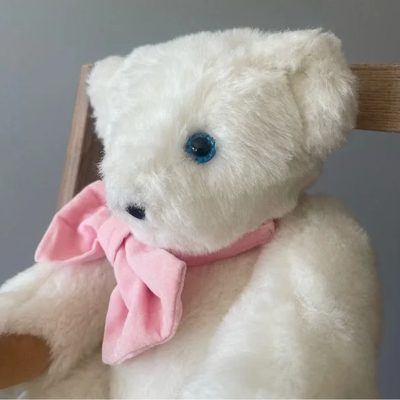 Cute Fluffy White Jointed Plush Bear with Pink Velvet Bow - Picture 5 of 13